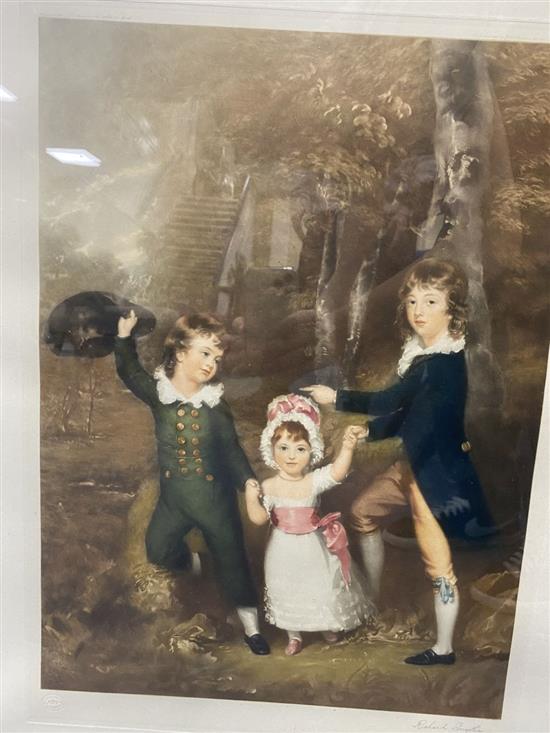 Richard Smyth, coloured mezzotint, Portrait of three children 46 x 34cm and a mezzotint of a lady by Busiere, 61 x 40cm